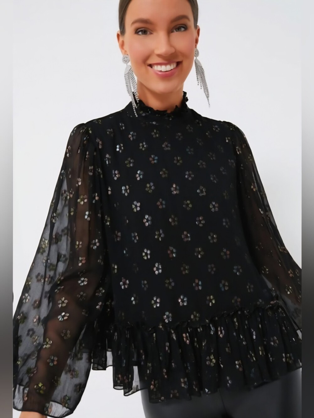 Oliphant Black Sheer Metallic Floral Ruffle-Hem Blouse Kala XL